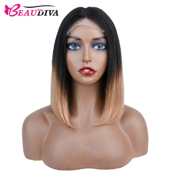 【Olivia】TK24 : Glueless 4X4X1 Lace Closure Ombre Color Bob Wig Human Hair Wig Straight Bob Short Wig T1B/27 Color